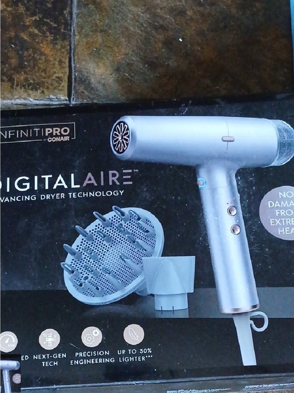 Conair InfinitiPro DigitalAire Silver Hair Dryer with Diffuser.   D